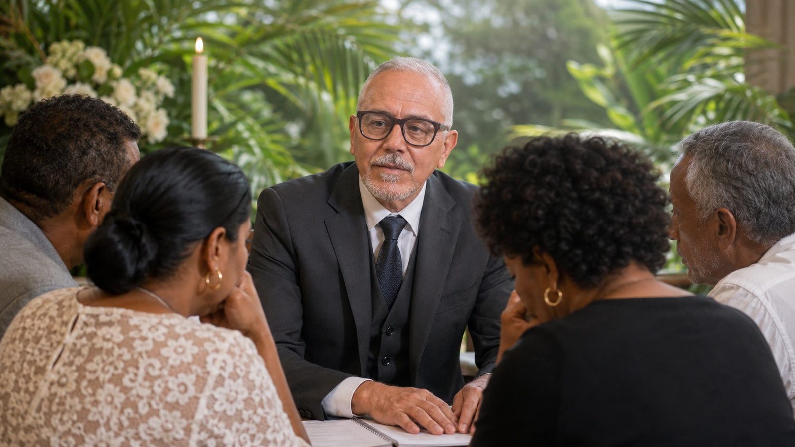 Patrice Rivollier, maître de cérémonie funéraire, échange avec une famille endeuillée à La Réunion